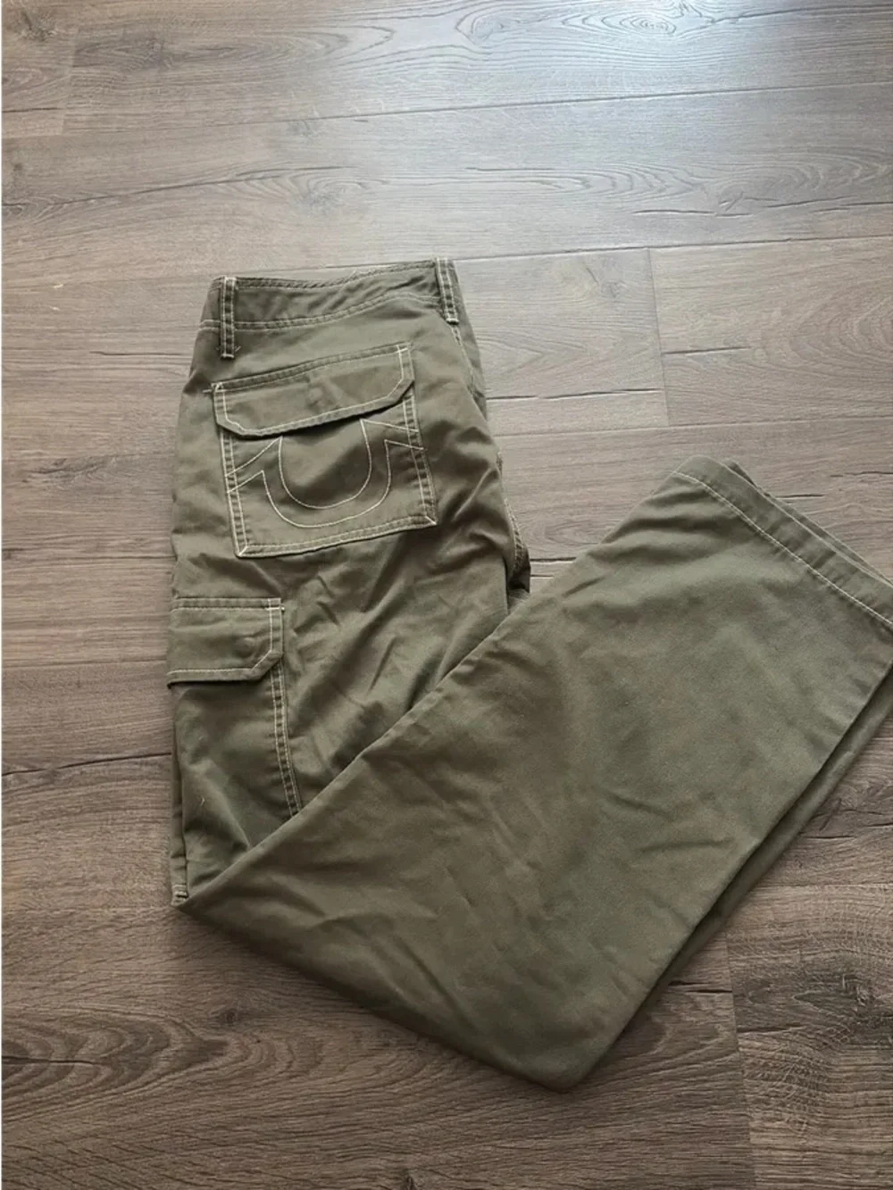 True Religion Olive Cargo Pants with Contrast Stitching